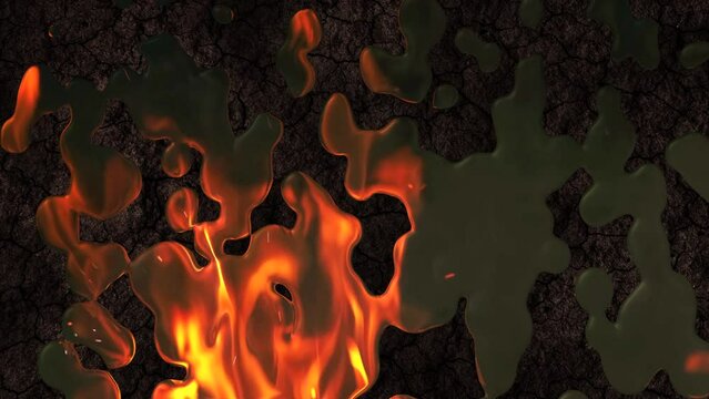 Abstract background of flowing liquid metal on cracked soil with fire flame reflection. CGI animation background, 4k
