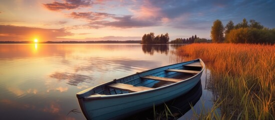 Wooden rowboat on calm lake at sunset surrounded by reeds - obrazy, fototapety, plakaty