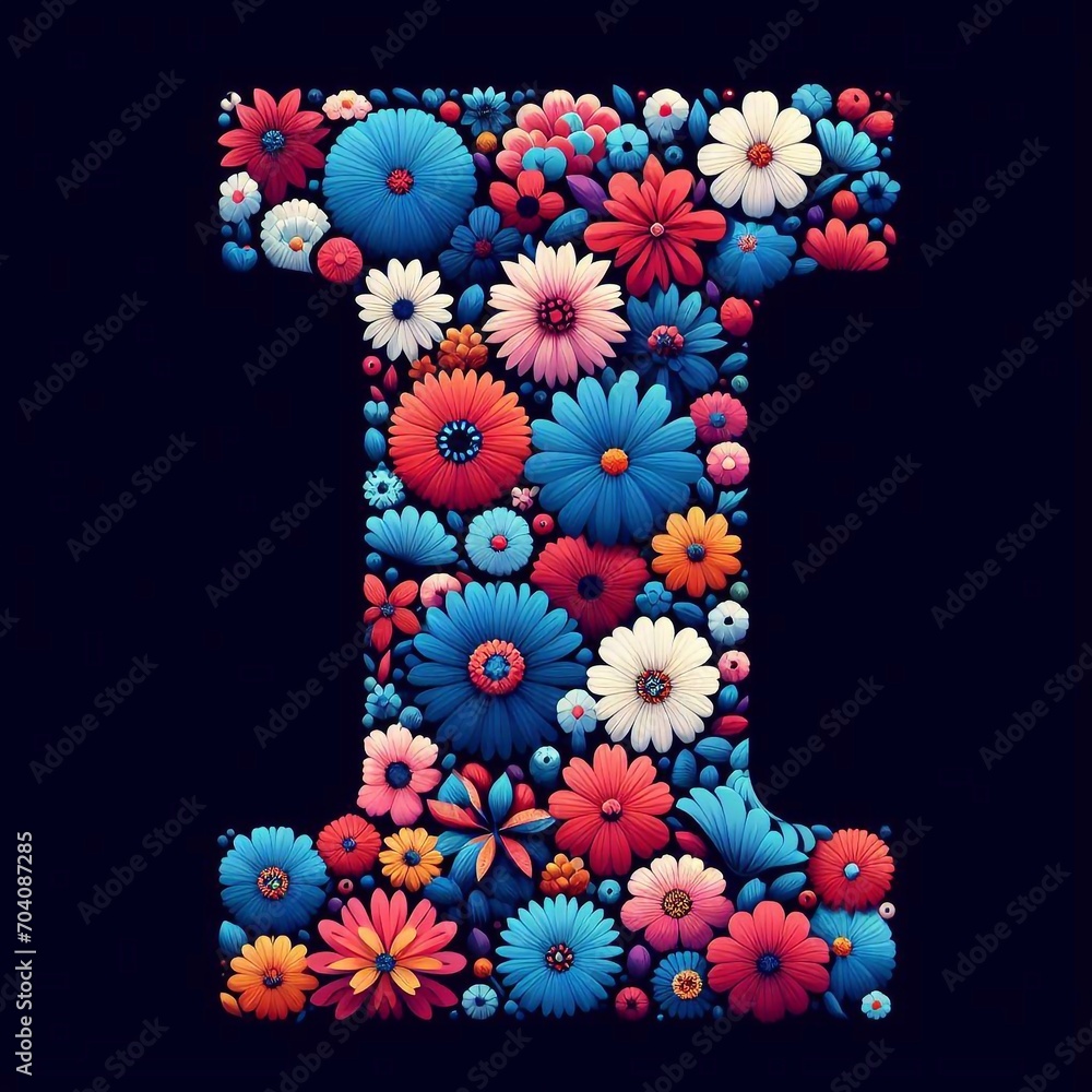 Wall mural Flower font letter I. AI generated illustration