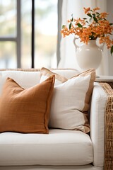 Obraz premium Woven Wicker Rattan Cane Accent Chair with White and Brown Throw Pillows