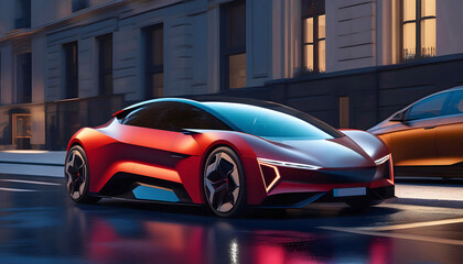 Concept electric car of the future in bright light on the city streets, beautiful graphic illustration, pop art,
