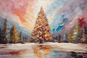 Oil painting Christmas tree artwork. Hand drawn oil painting. Christmas art background. Oil painting on canvas. Modern Contemporary art

