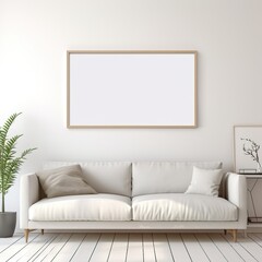 Bright living room interior with white sofa and empty frame