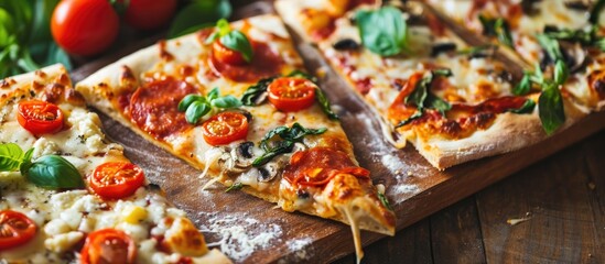 Delightful pizza slices offered at pizzeria. - obrazy, fototapety, plakaty