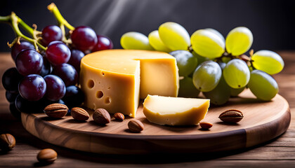 Round young cheese on a cutting board, with grapes, isolated on a white background with empty copy space,