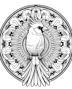 coloring page for adults, mandala, Cardinal bird image, white background, clean line art, fine line art