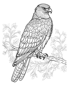 coloring page for adults, mandala, Hawk bird image, white background, clean line art, fine line art