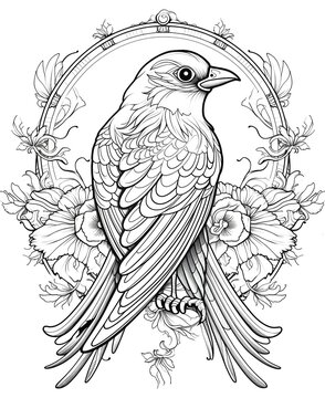 coloring page for adults, mandala, Sparrow bird image, white background, clean line art, fine line art