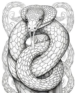 coloring page for adults, mandala, Rat Snake snake image, white background, clean line art, fine line art