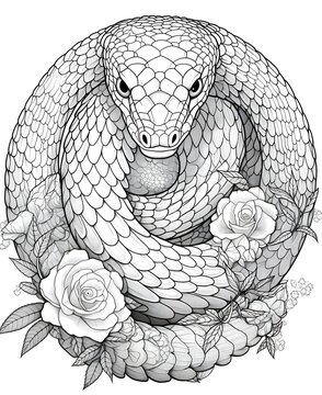 coloring page for adults, mandala, Water Snake snake image, white background, clean line art, fine line art