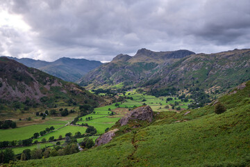 The Langdale Pikes from Thrang Crag above the Langdale Valley, Lake District, UK