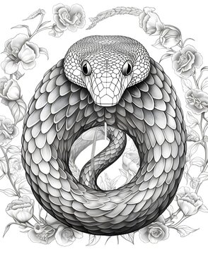 coloring page for adults, mandala, Rosy Boa snake image, white background, clean line art, fine line art