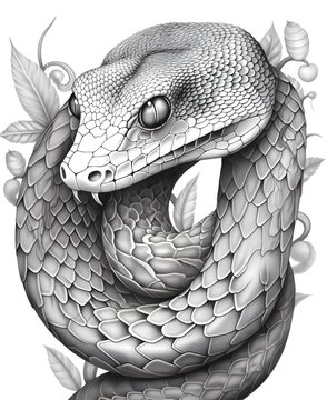 coloring page for adults, mandala, Amazon Tree Boa snake image, white background, clean line art, fine line art