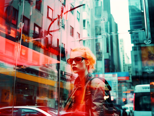 Obraz premium Retro Urban Woman in Neon City Reflection
