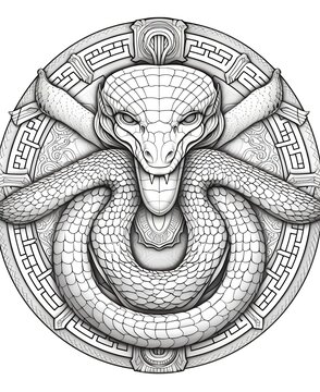 coloring page for adults, mandala, Anaconda snake image, white background, clean line art, fine line art