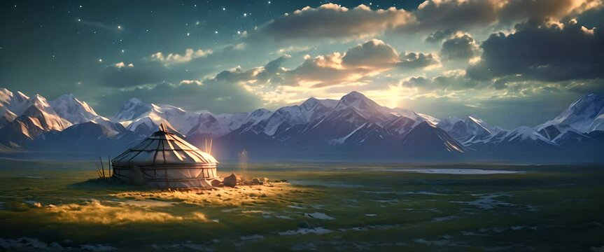 Traditional mongolian yurt with a breathtaking view of the combination of grassy field and snowy mountains in the rising sun