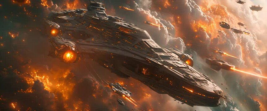 Armored space dreadnought emerges from the clouds with a swarm of smaller fighters