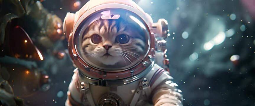 Adorable astronaut kiten in a spacesuit exploring a new planet