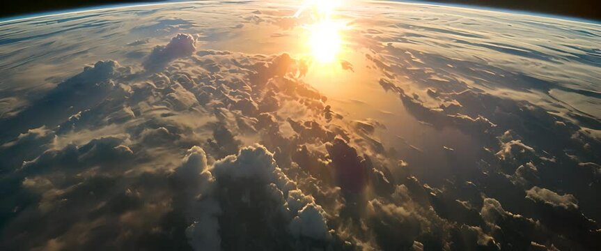Orbital view of Earth surface with clouds and the rising sun
