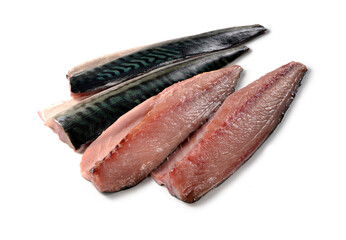 Raw mackerel fillets on white background