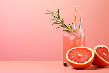 Cold grapefruit cocktail decorated twig rosemary and slice citrus on pink background - obrazy, fototapety, plakaty