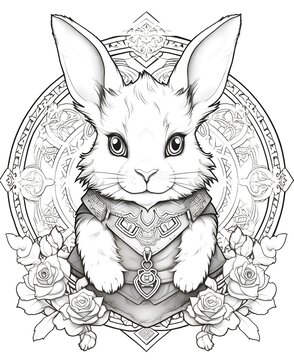coloring page for adults, mandala, Dwarf Hotot rabbit image, white background, clean line art, fine line art