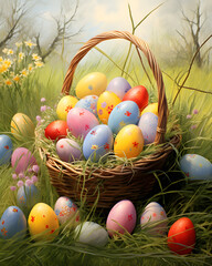 Easter eggs in basket in a meadow oil painting