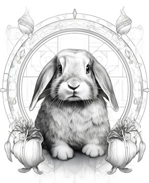 coloring page for adults, mandala, Holland Lop rabbit image, white background, clean line art, fine line art