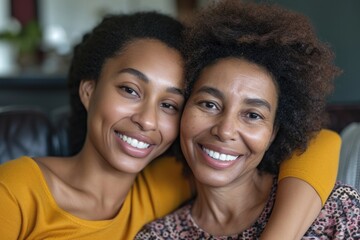 Two African American women mother and daughter sitting on sofa at home embracing each other and smiling on Hugs day or women's day