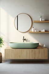 Bathroom vanity with a green sink and a round mirror