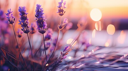 Branch of lavender violet flowers against the backdrop of a soft purple sunset sunlight, - obrazy, fototapety, plakaty