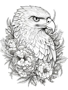 coloring page for adults, mandala, Flores Hawk Eagle image, white background, clean line art, fine line art