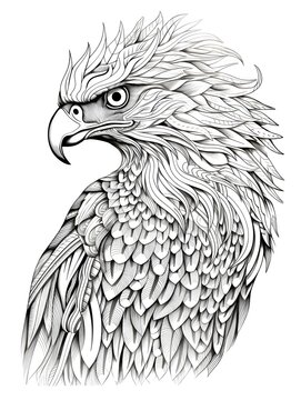 coloring page for adults, mandala, Cassin s Hawk Eagle image, white background, clean line art, fine line art