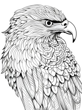 coloring page for adults, mandala, Black Hawk Eagle image, white background, clean line art, fine line art