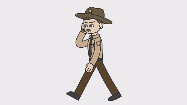 2d animation of walking white male sheriff with a mustache talking on the phone. Looped 4K video with alpha-channel.