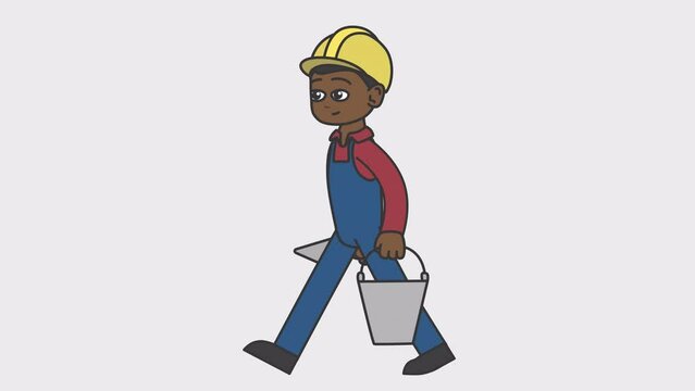 2d animation of walking black male builder in a hard hat holding a spatula and a bucket. Looped 4K video with alpha-channel.