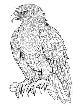 coloring page for adults, mandala, Javan Hawk Eagle image, white background, clean line art, fine line art