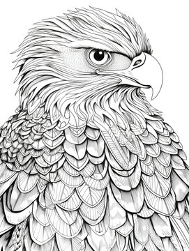 coloring page for adults, mandala, Black-and-white Hawk Eagle image, white background, clean line art, fine line art