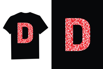 Pink Red Heart Valentines Day Initial Monogram Letter "D" T-Shirt