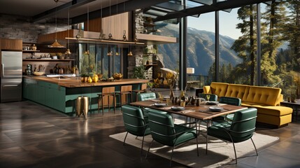 Fototapeta premium Modern mountain home interior with kitchen, dining area, and living room