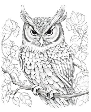 coloring page for adults, mandala, Indian scops owl image, colored, white background, fine line art