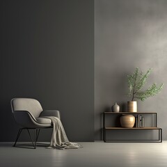 Minimalist living room interior with grey armchair and olive tree