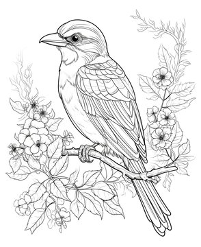 coloring page for adults, mandala, Shrike bird image, white background, clean line art, fine line art