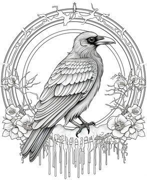 coloring page for adults, mandala, Raven bird image, white background, clean line art, fine line art