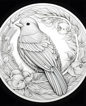 coloring page for adults, mandala, Canary bird image, white background, clean line art, fine line art