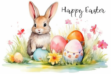 Watercolor illustration of easter eggs with rabbit between flowers in the grass. Easter card with text Happy Easter. Generative AI