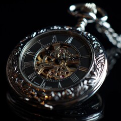 Solid black backdrop, silver vintage pocket watch