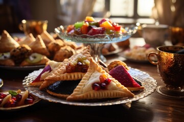 A joyful Purim tableau captured in this image, highlighting 'Hamantaschen' and other celebratory dishes set amidst festive decorations