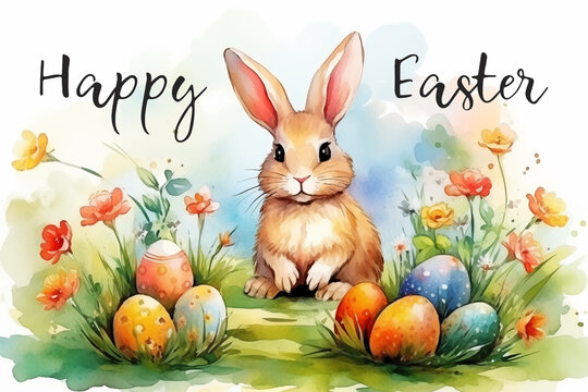 Watercolor illustration of easter eggs with rabbit between flowers in the grass. Easter card with text Happy Easter. Generative AI
