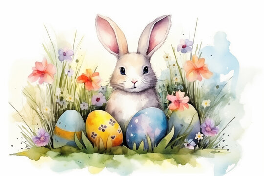 Watercolor illustration of easter eggs with rabbit between flowers in the grass. Easter card. Generative AI